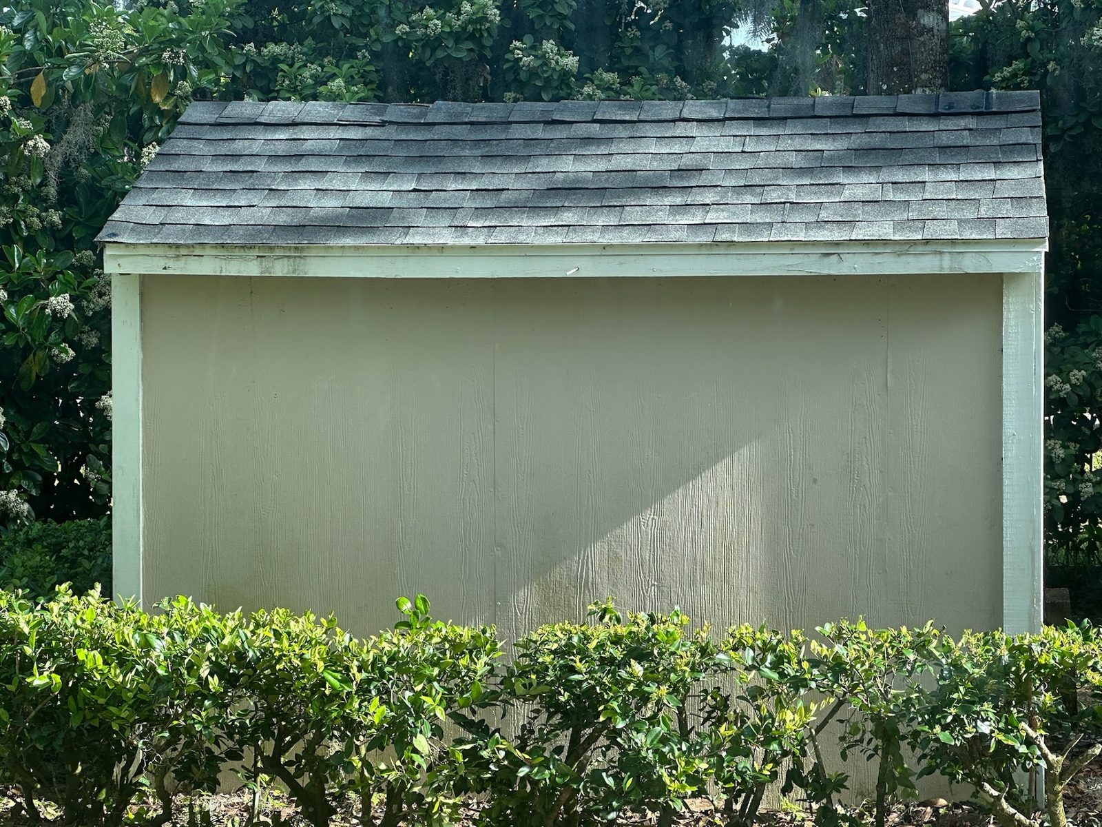 Shed side elevation during wood and roof repair